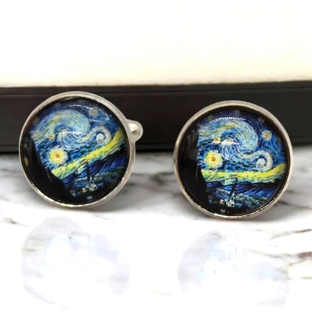 Van Gogh Starry Night Cufflinks Silver Blue Art Museum Artist Chic Teacher Gift
